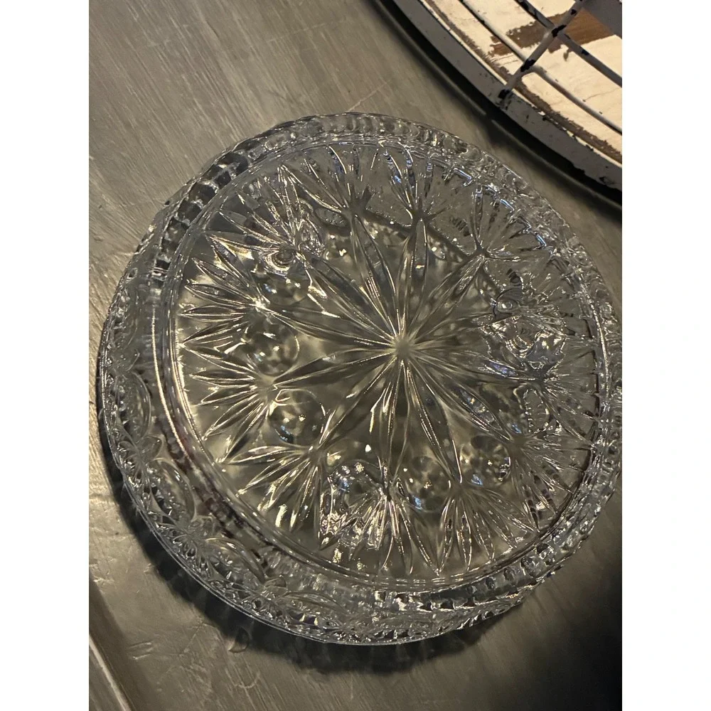 Vintage Clear Cut‎ Glass Round Bowl Sunburst Star 3 Candle Holder Centerpiece